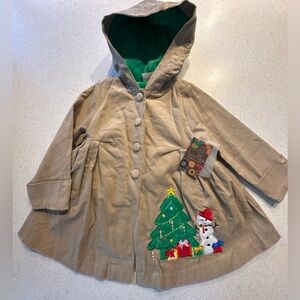 NWT Maria Elena Girl's Size 3T Christmas Corduroy Hooded Pea Coat Snowman & Tree